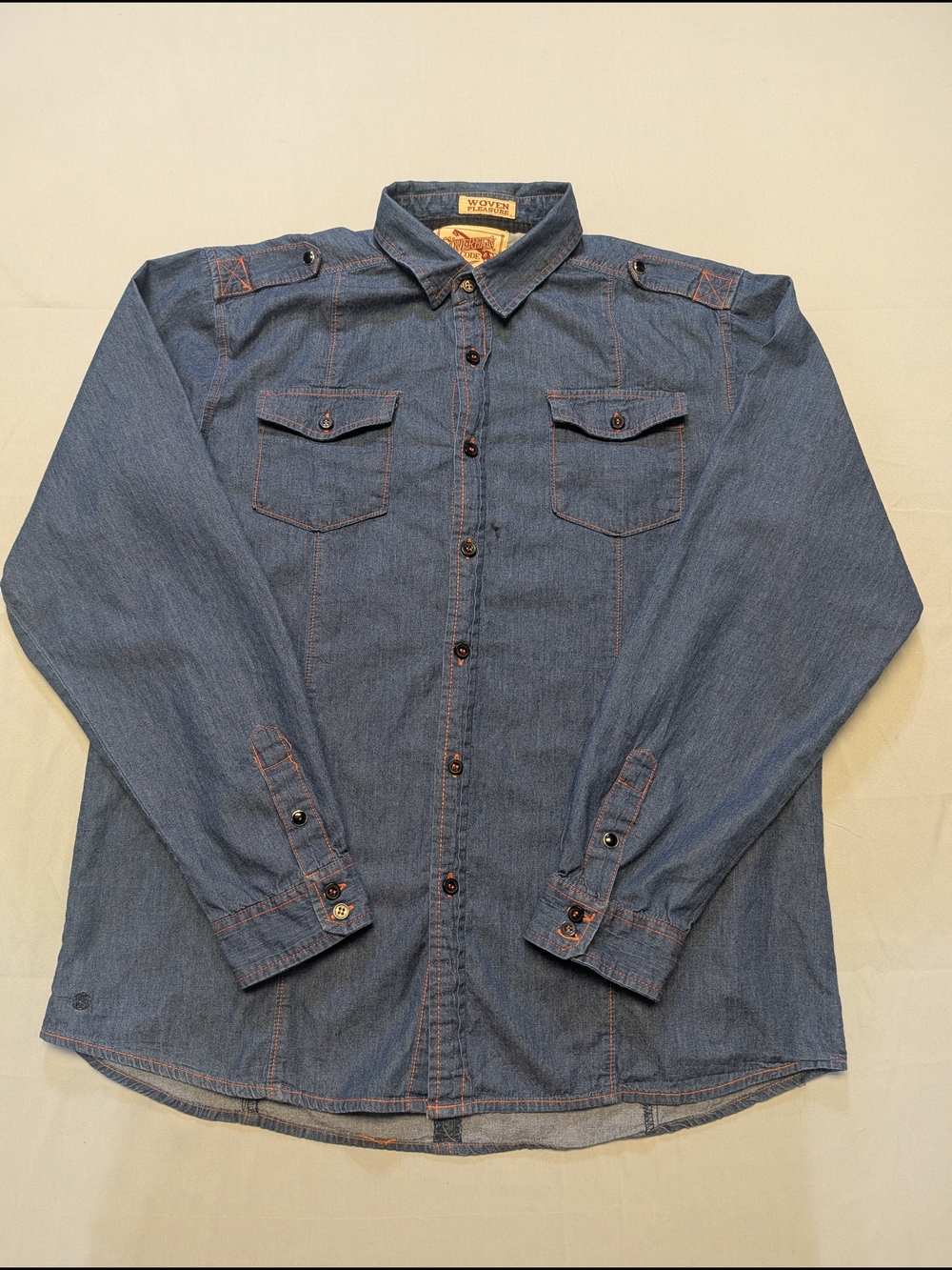 Sovereign Code Shirt Men's Size L Blue Long Sleeve Accent Stitching Flawed
